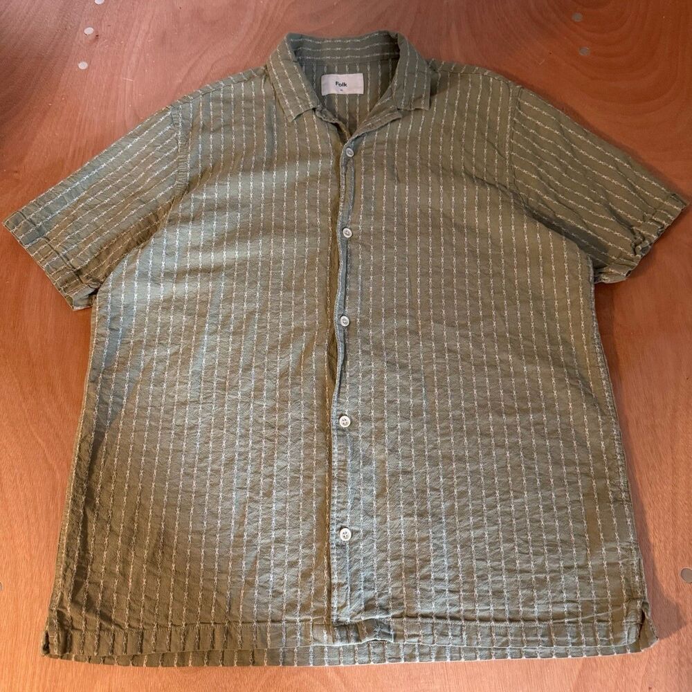 Folk Shirt Mens XL Green Stripe Short Sleeve Button Up Linen Blend Casual